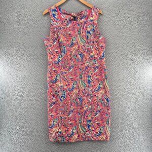 Talbots Dress Womens 12 Petite Pink Multi Paisley Textured Cut Out Tie Back Mini
